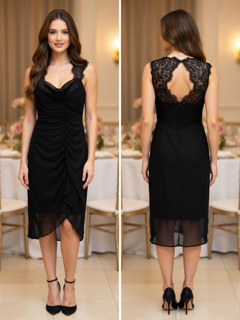 Black Lace-Back cocktail length Dress with Ruched Front